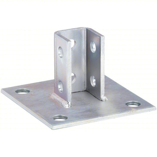 Ten Hole Square Post zinc strut foot, 6 inch by 6 inch base with 3-1/2 inch tall upright U-channel, 10 pre-drilled holes for structural strut mounting.