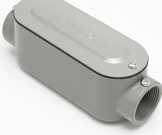 2-inch Set Screw & Threaded Conduit C body with threaded opening, gray metallic finish, and removable cover plate secured by screws.