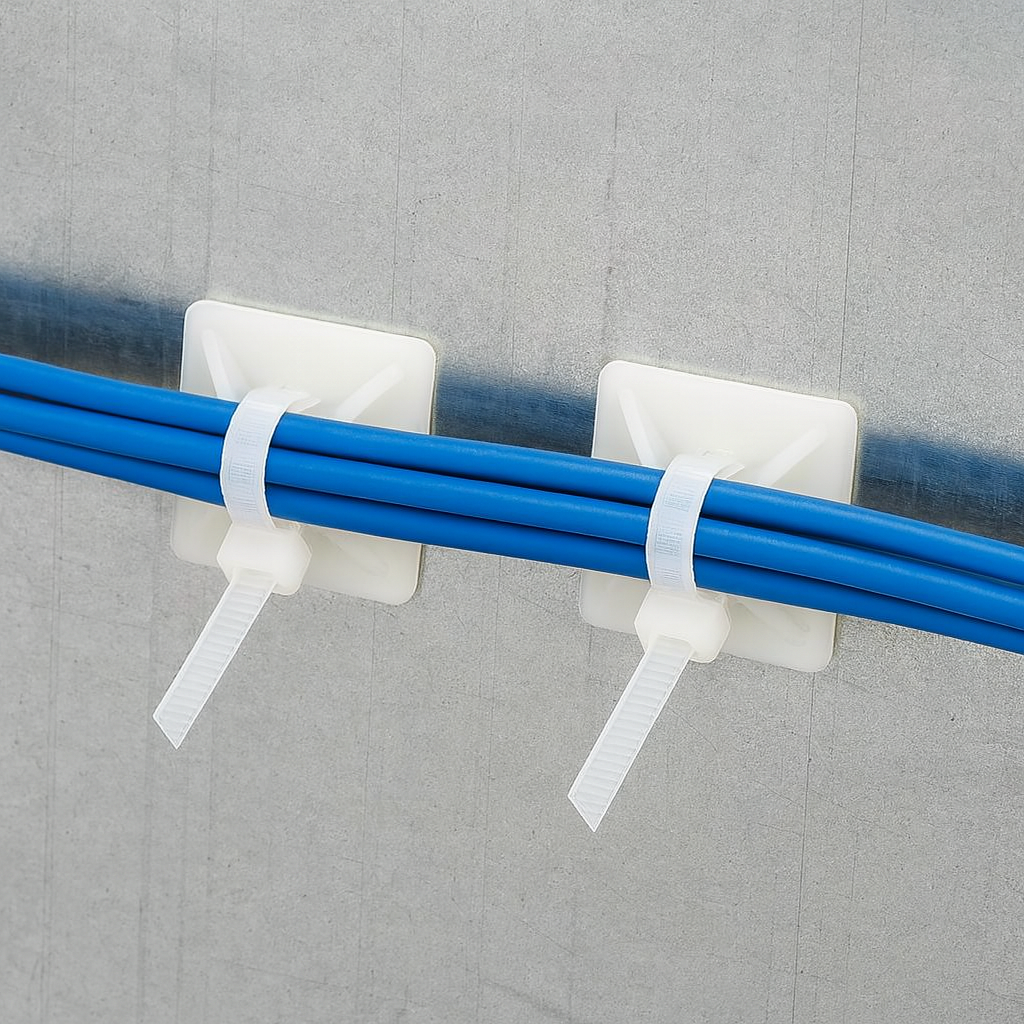 White self-adhesive cable tie mounts (20x20mm) securing blue cables against a metal wall, shown in use for cable management.
