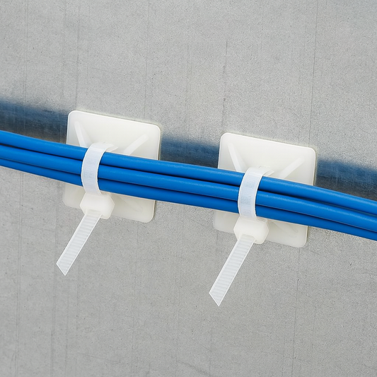 White self-adhesive cable tie mounts (20x20mm) securing blue cables against a metal wall, shown in use for cable management.