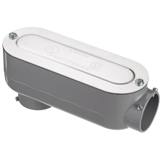 2-inch Set Screw & Threaded Conduit LB body with removable gasketed cover, gray metallic finish, threaded opening, and screws, shown in side profile.