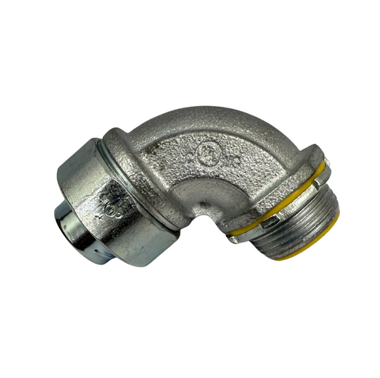 Durable 1" 90° malleable iron Seal Tight connector with insulated throat. UL Listed, corrosion-resistant, and built for metallic Seal Tight conduit.
