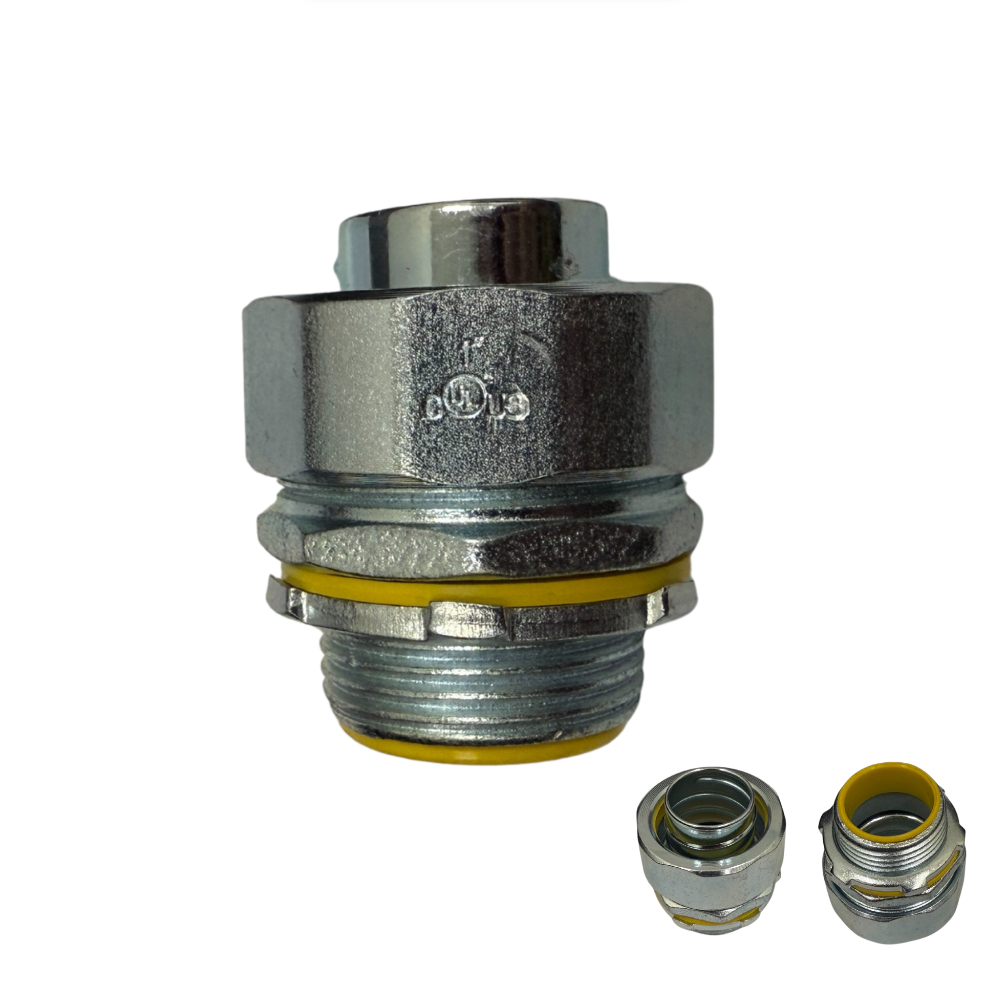 Heavy-duty 1" straight malleable iron Seal Tight connector with insulated throat. Reliable, corrosion-resistant fit for metallic Seal Tight conduit.