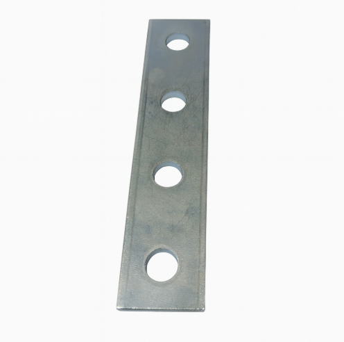 Four Hole Splice Plate, flat steel connector 7-1/4 inch long by 1-5/8 inch wide, with four pre-drilled holes for strut channel reinforcement.