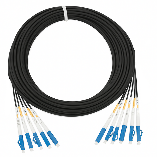 "10 Meter 6 Strand LC-LC Singlemode Outdoor Rated Fiber Trunk Cable with blue LC connectors and black jacket"
