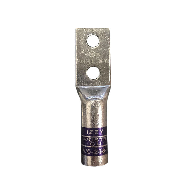 #4/0 2-Hole Long Barrel Copper Compression Lug with 3/8-inch Holes and Inspection Window – Purple Lug for Telecom and Electrical Use
