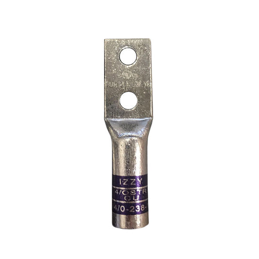#4/0 2-Hole Long Barrel Copper Compression Lug with 3/8-inch Holes and Inspection Window – Purple Lug for Telecom and Electrical Use