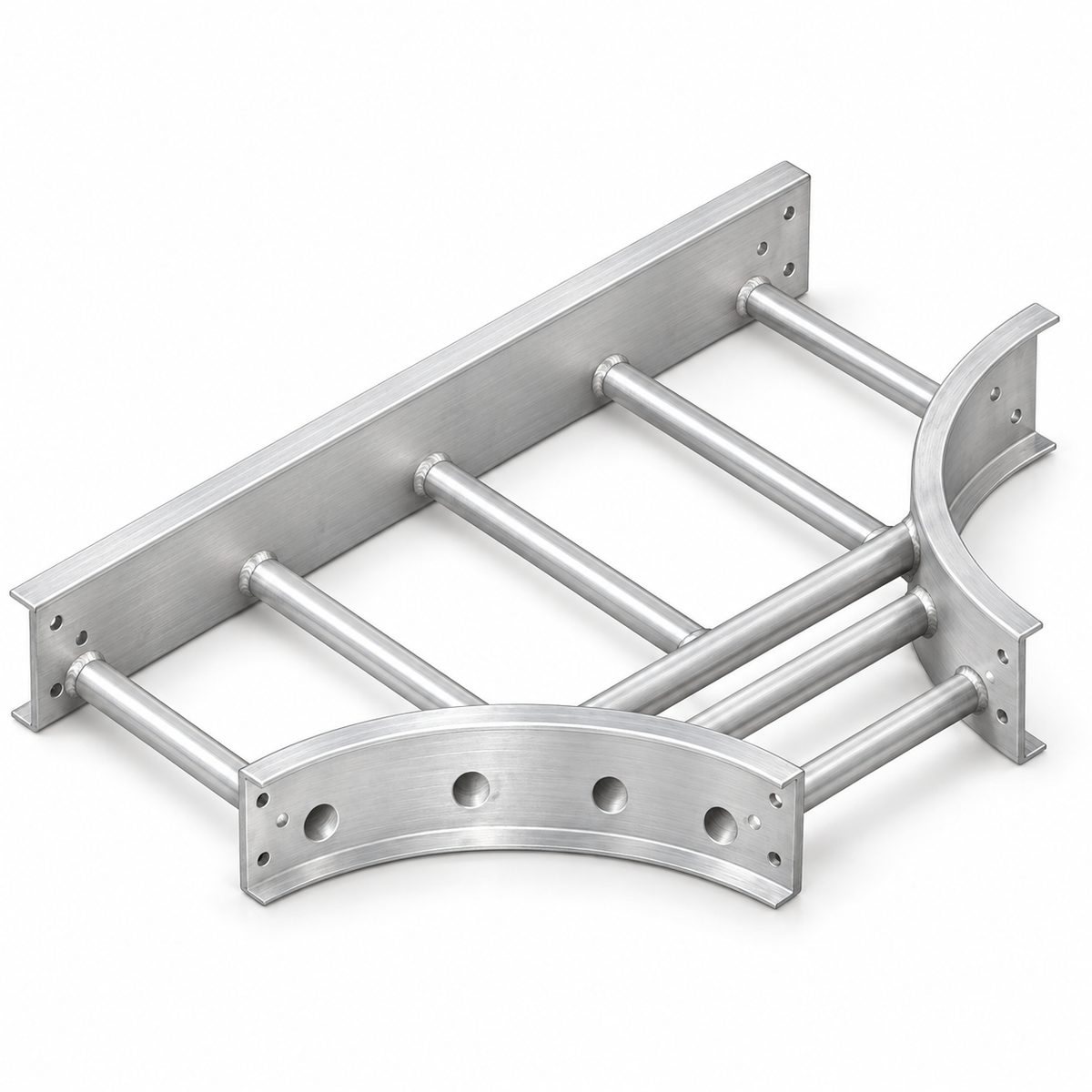 Aluminum 4x6 inch rooftop coax cable tray T-junction by COPE Atkore with splice hardware for NJ/NY installations.