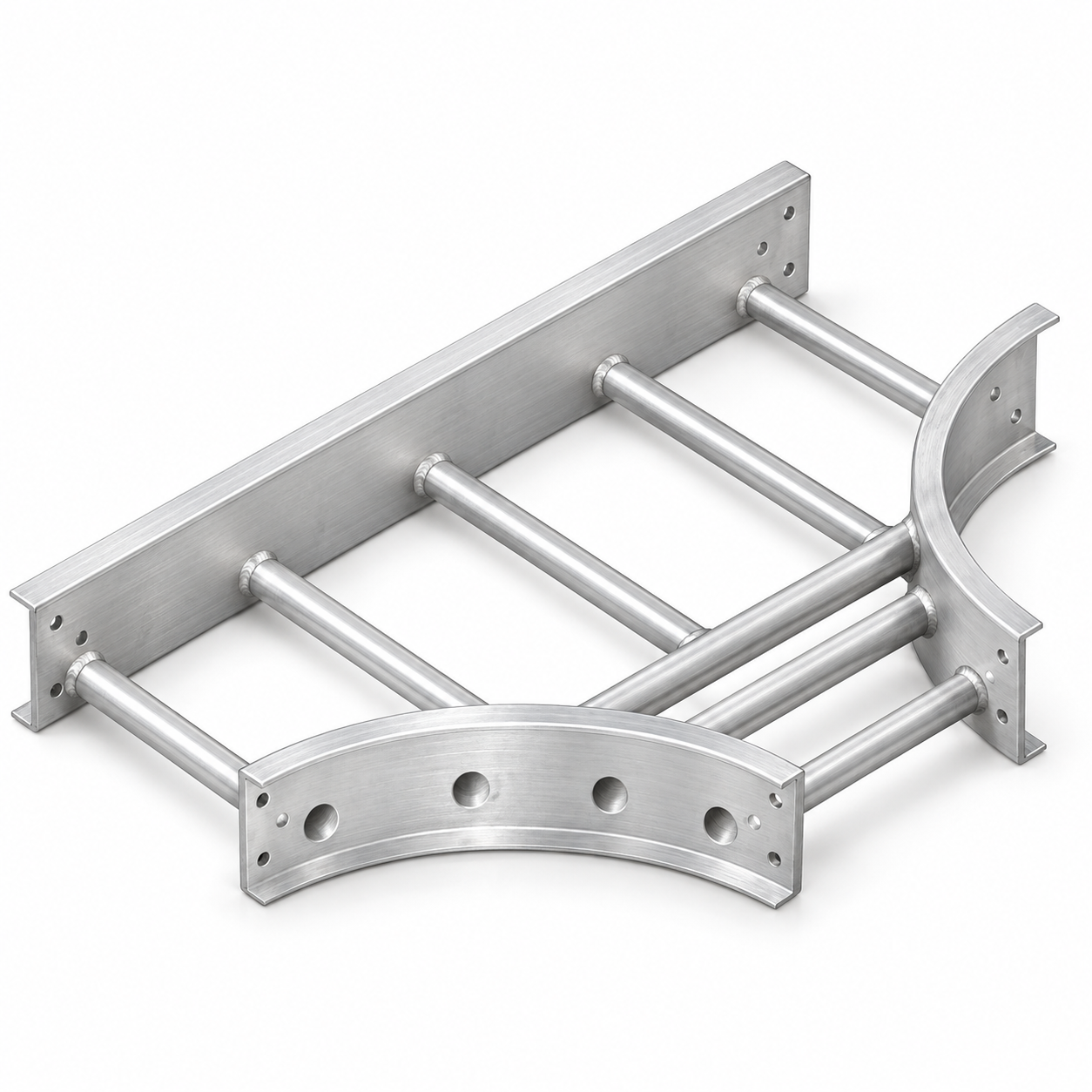 Aluminum 4x6 inch rooftop coax cable tray T-junction by COPE Atkore with splice hardware for NJ/NY installations.