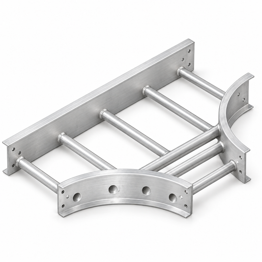 Aluminum 4x6 inch rooftop coax cable tray T-junction by COPE Atkore with splice hardware for NJ/NY installations.