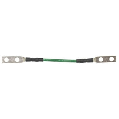 12-inch #6 green wire cable tray bonding jumper with blue two-hole lug, 1/4-inch holes and 5/8-inch spacing for secure electrical grounding.