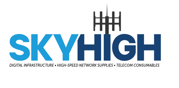 Logo of Skyhigh with text 'Digital Infrastructure, High-Speed Network Supplies, Telecom Consumables' on a white background.