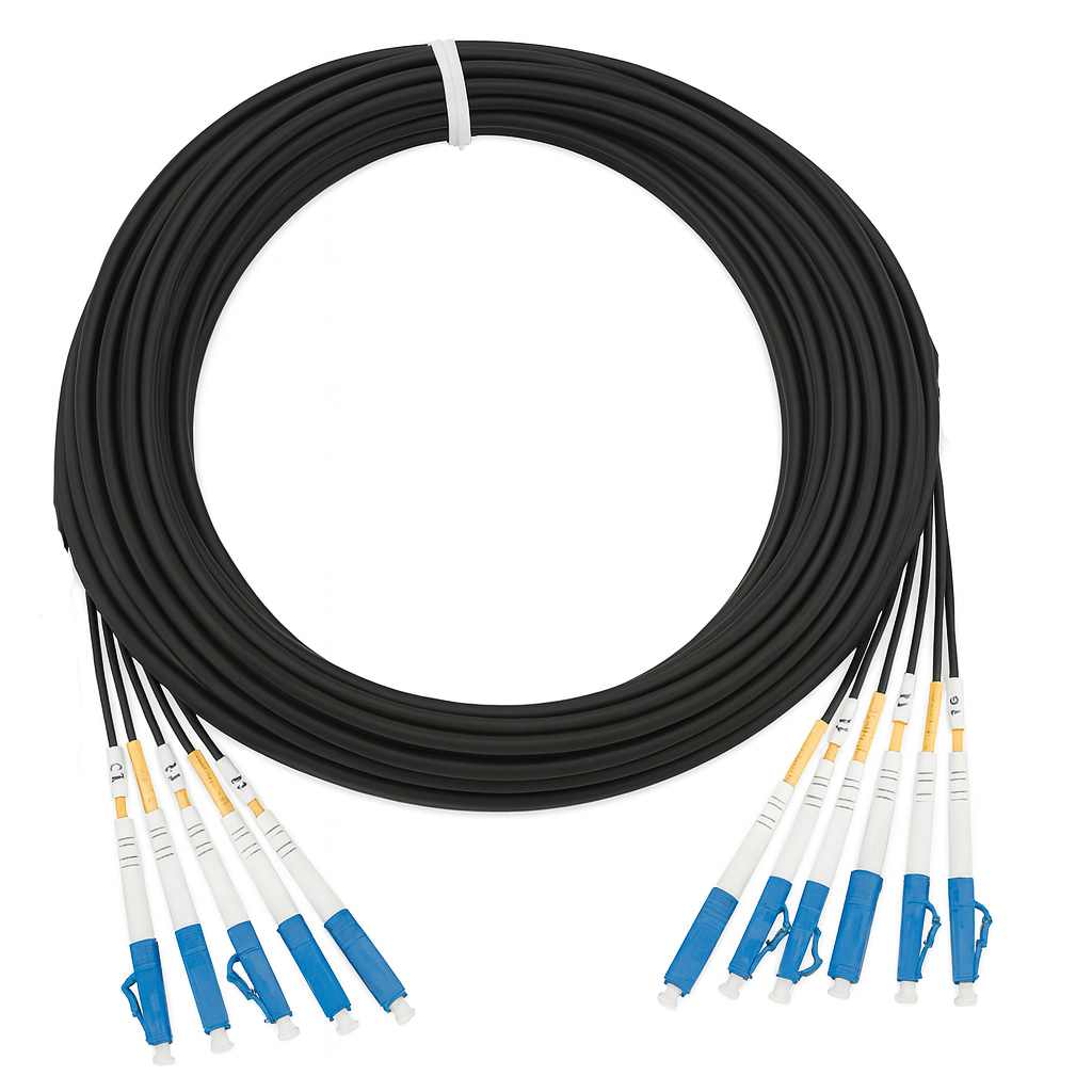 "10 Meter 6 Strand LC-LC Singlemode Outdoor Rated Fiber Trunk Cable with blue LC connectors and black jacket"